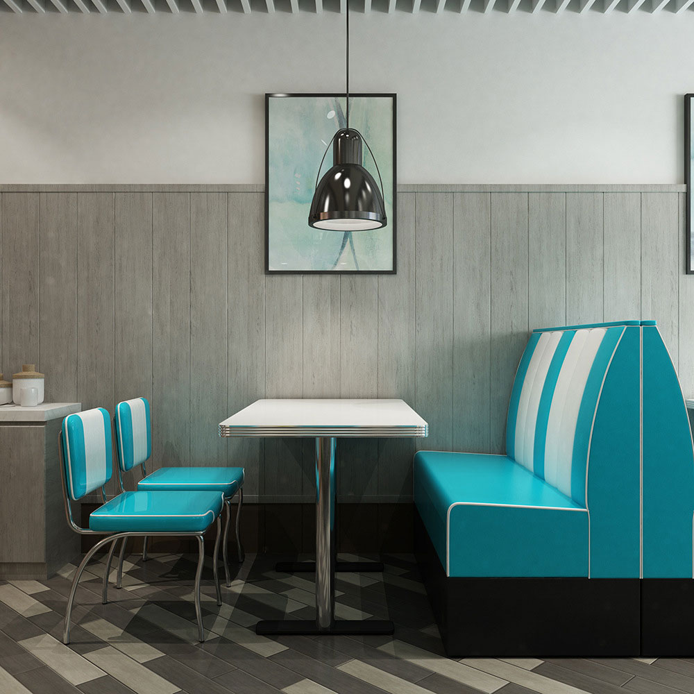 1950s retro diner booth table set M-8151,Stripe backrest turquoise leather midcentury 1950's retro restaurant booth sofas and table and chairs set, retro 50's restaurant table and booth sofas and chairs set M-8151