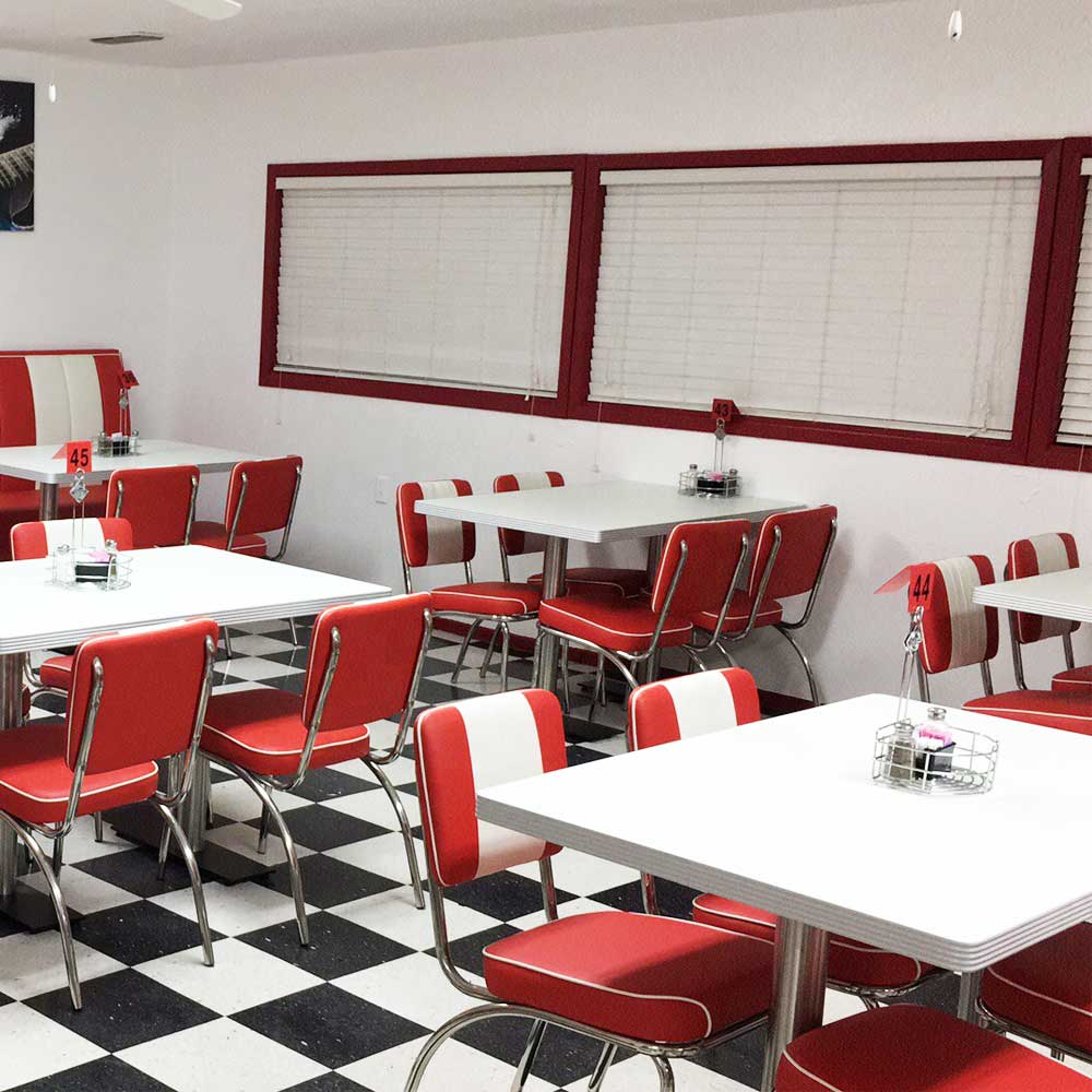 1950s retro diner chairs table set M-8195,Red and white stripe backrest vintage american style retro 50s dining room chairs and table set, red leather 1950s style american retro dining table and chairs set M-8195