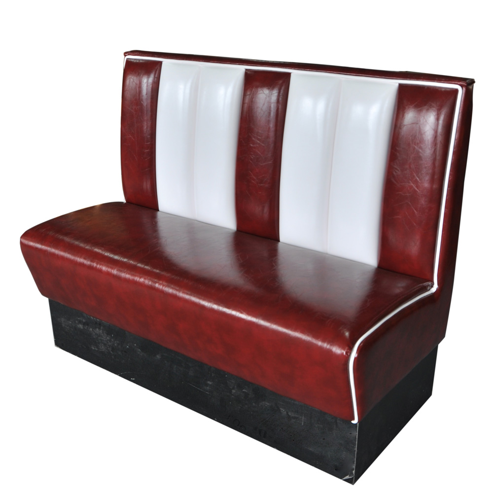 1950s american retro diner booth M-8506,Coulorful rubby glossy leather stripe retro american diner booth couch, with piping glossy leather american dining room retro booth couch