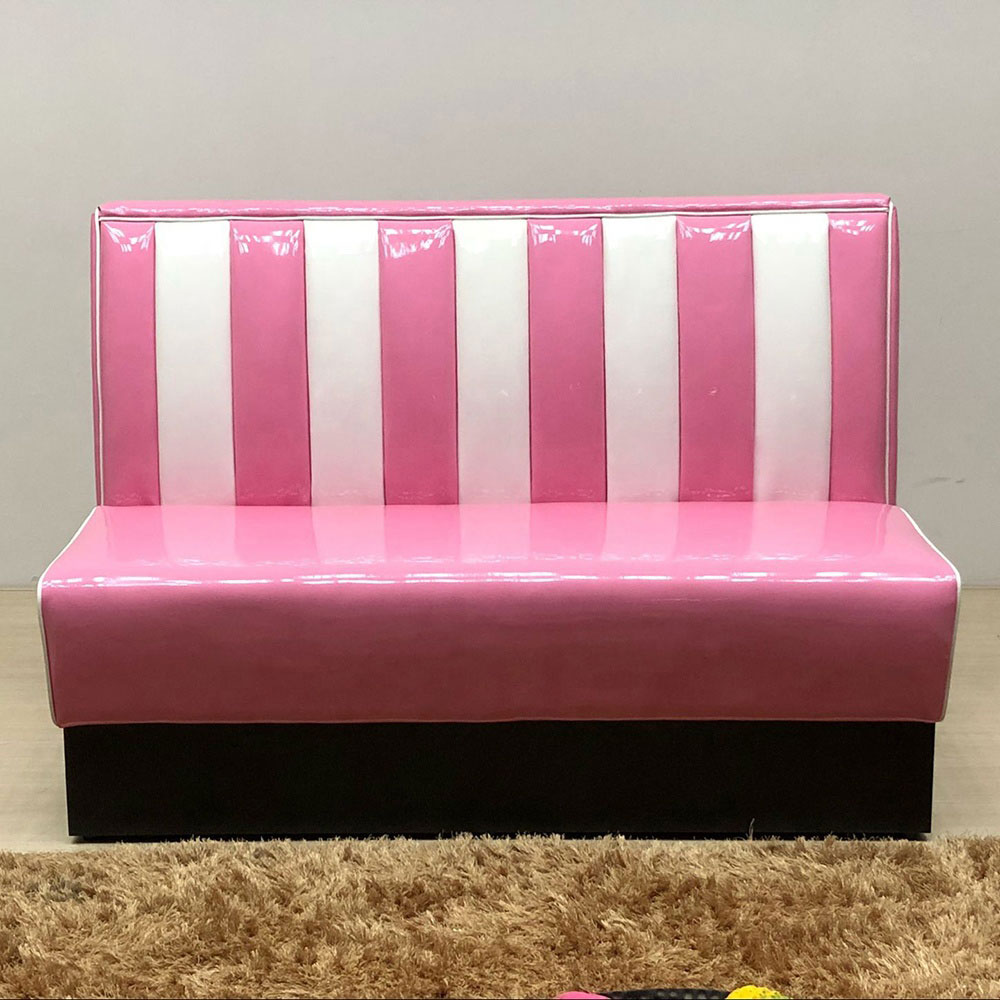 1950s american retro diner booth M-8516,Pink and white colour 1950's retro dinette booth sofas furniture, stripe backrest 3 seater pink PU leather 50's style dinette retro booth seating