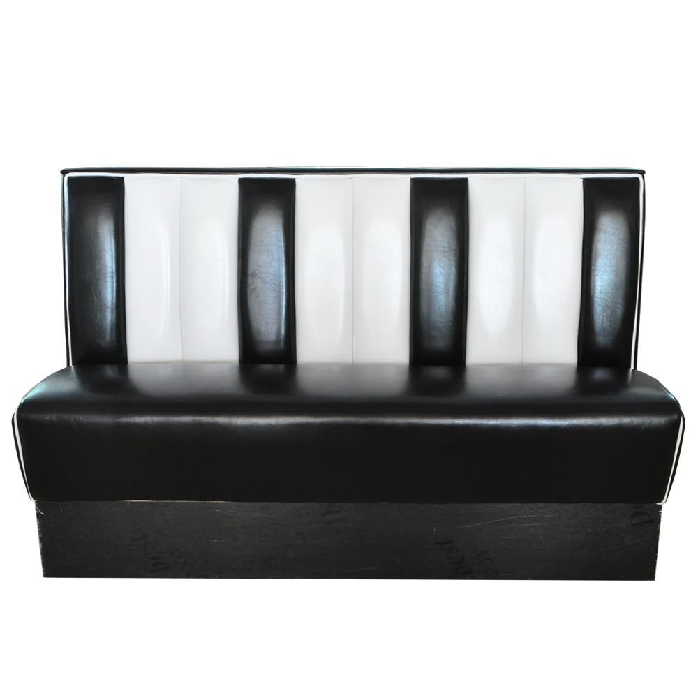 1950s american retro diner booth M-8517,Black PVC leather midcentury fast food american 50s booth couches, 3 seater 59in length stirpe with piping american style 1950s booth couches
