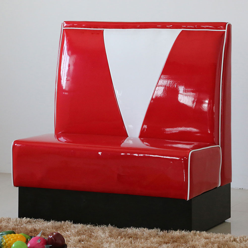 1950s american retro diner booth M-8542,High backrest V back vintage retro fast food booth sofas, gloss red leather with black fireproof footer fast food room retro 50s booth sofas