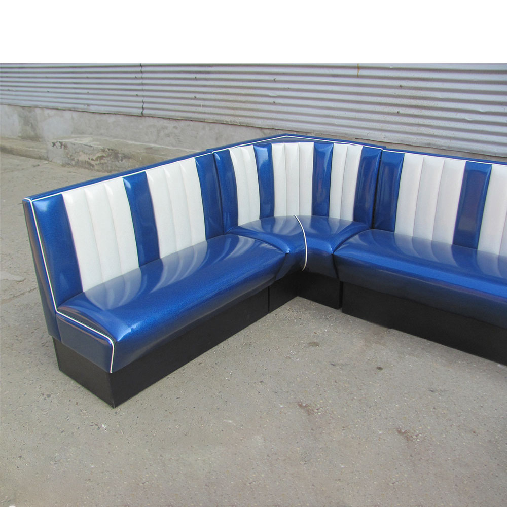 1950s american retro diner booth M-8552,Blue and white stripe back retro 1950's L shape restaurant booth sofas, customize blue leather stripe corner restaurant booth sofas