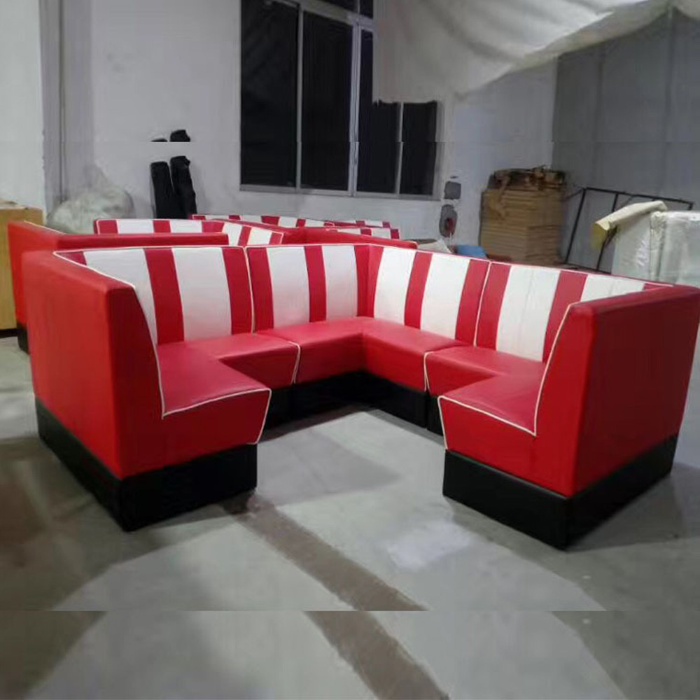 1950s american retro diner booth M-8553,Midcentury 1950's style red and white retro corner booth couches, red colour stripe back U shape retro diner corner booth couches