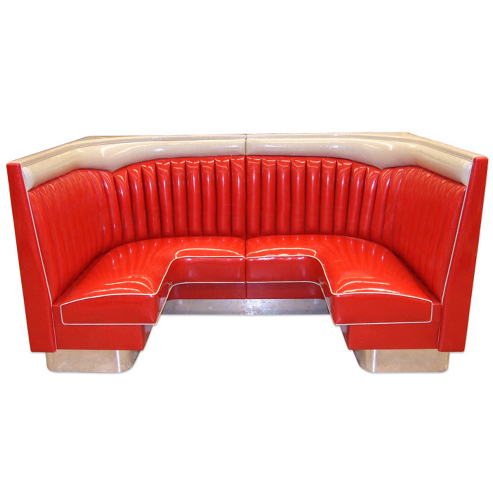 1950s american retro diner booth M-8554,Customize red wave top midcentury retro diner corner booth seating, red wave top with steel footer 6 seat retro 50's corner booth seating