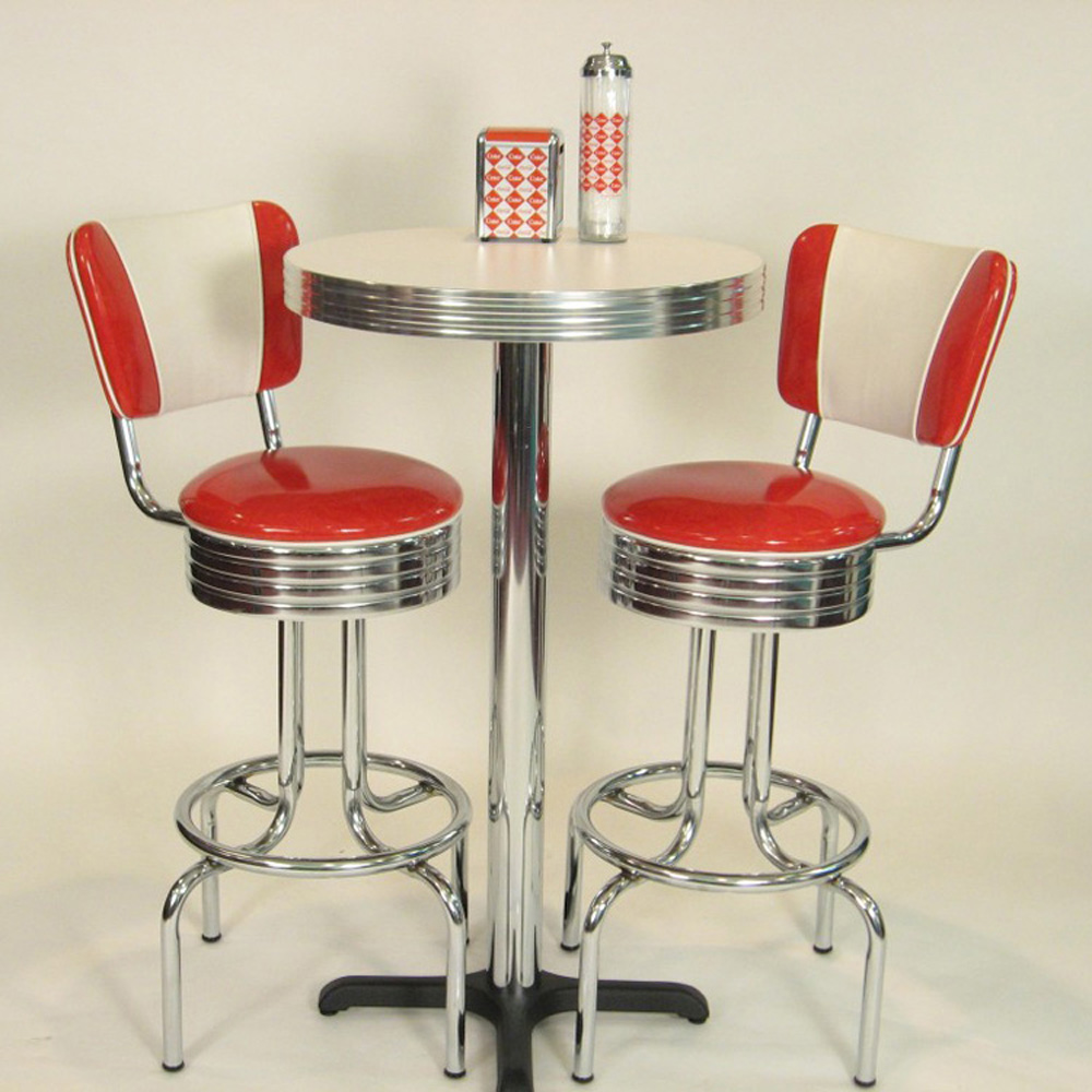 1950s american retro bar set M-8601,Classic V back red leather american retro diner bar chairs and round bar table set, 1950s retro american diner bar chairs with bar table set
