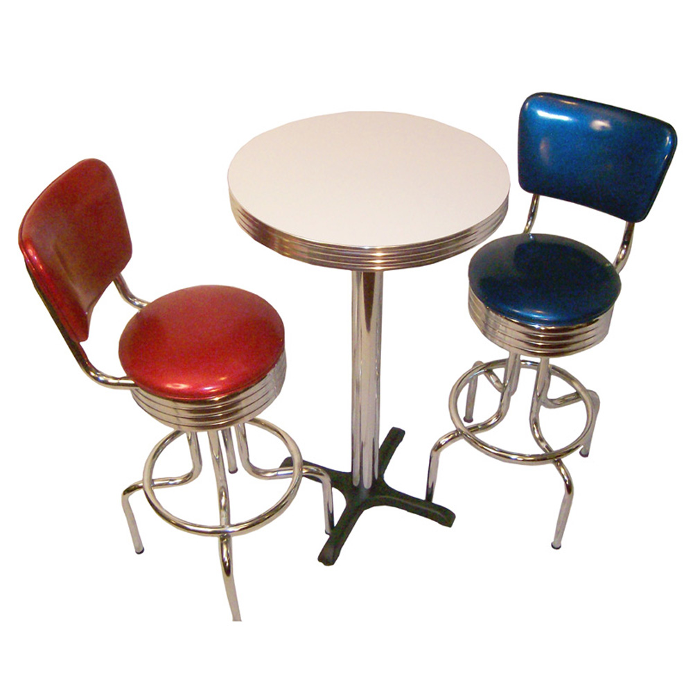 1950s american retro bar set M-8603,ustomize pure red and blue PVC leather midcentury american diner chrome bar chairs and table set, 50s retro diner bar table and chairs set
