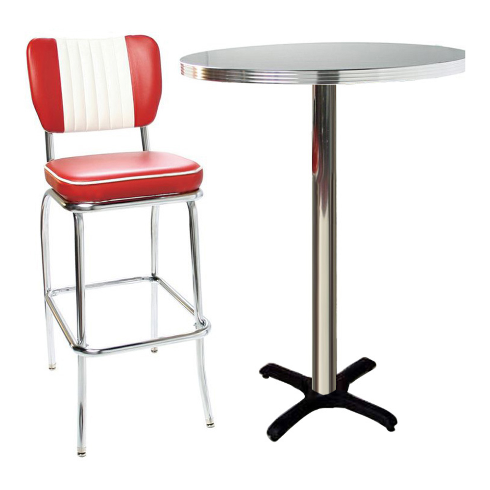 1950s american retro bar set M-8605,Wholesale stripe back restaurant midcentury retro chrome bar chairs and table set,1950s retro american commercial bar table and bar chairs set