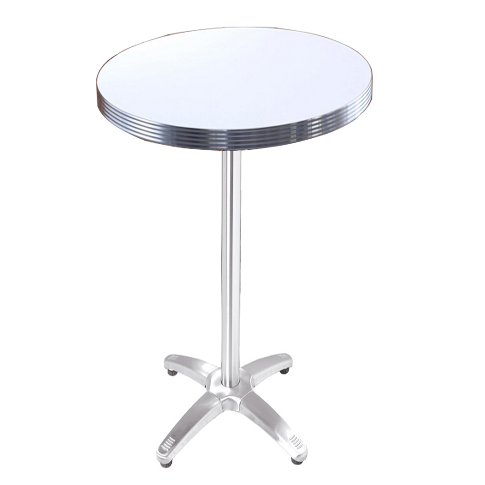 1950s american retro bar table M-8702,Hotsale ice white Formican laminate with aluminium table edge retro bar table, glossy cross steel table legs high american 50s diner bar table