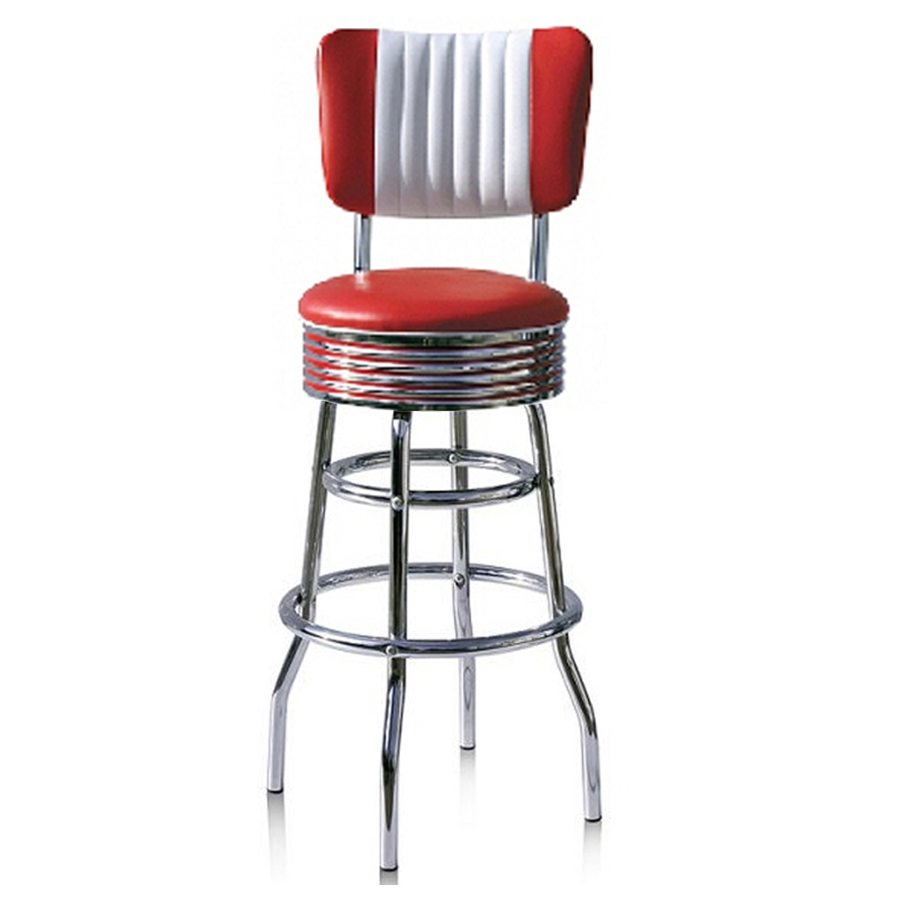 1950s american retro bar chair M-8801,Customize red/black colour stripe back stainless steel american retro diner bar chairs, stripe back red and white leather retro diner bar stools