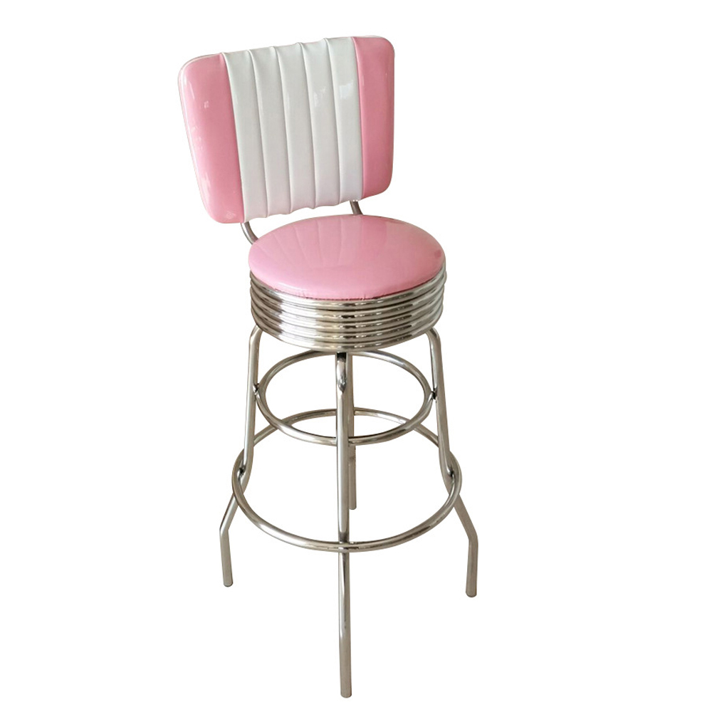 1950s american retro bar chair M-8803,Customize pink color glossy vinyl leather #304 steel mid century retro diner bar chairs, with footer thin seater steel retro club bar stools furniture