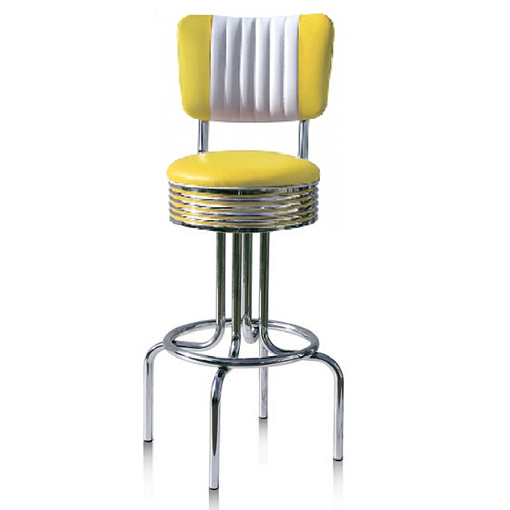 1950s american retro bar chair M-8804,Wholesale yellow/turquoise leather color chrome 1960's american diner bar stools, stripe back high seater 1960s retro diner chrome bar stools