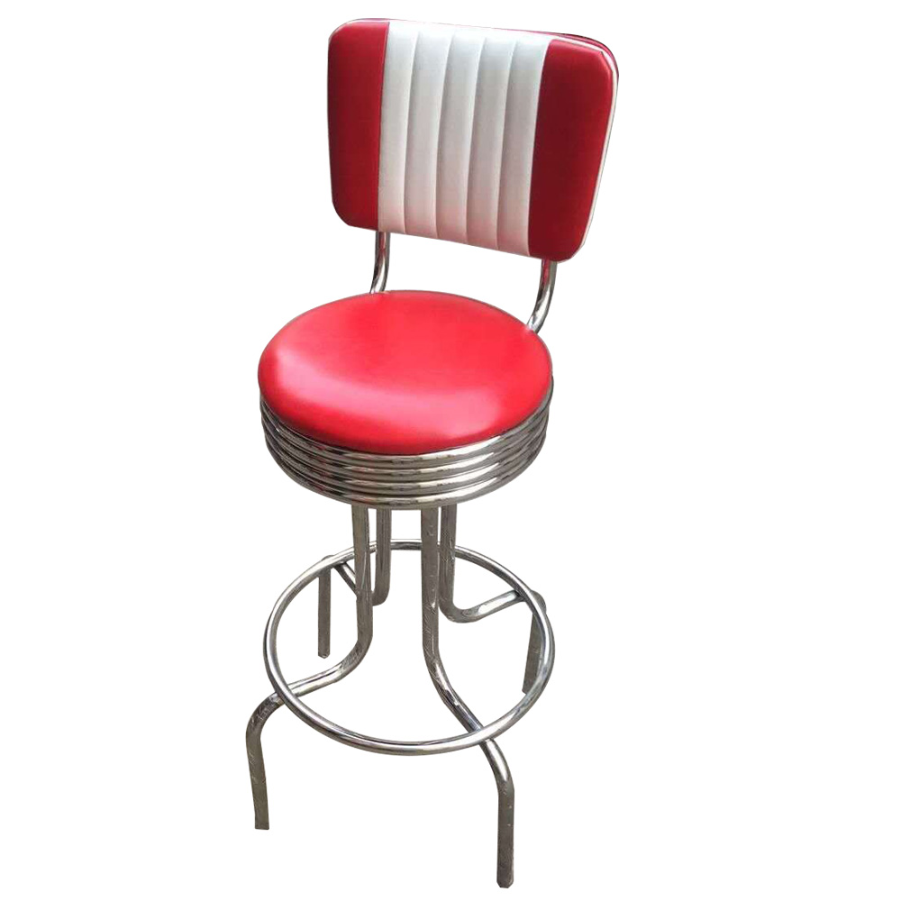 1950s american retro bar chair M-8805,Hotsale 75cm height seater 5 channels round red and white club american diner bar stools,stainless steel frame 50s american club bar chairs