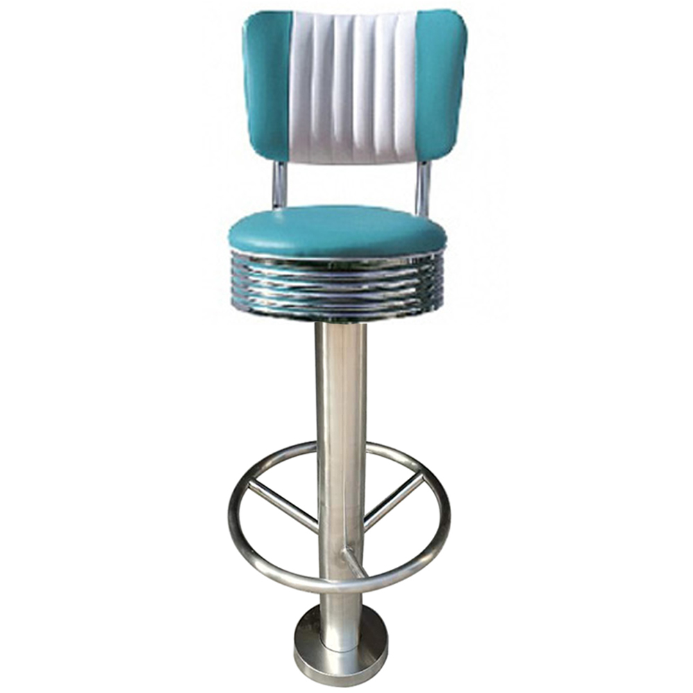 1950s american retro bar chair M-8809,Colorful turquoise/yellow leather 65/75cm round seater height cafeteria retro barstools, fixed to floor with screws chrome retro cafeteria bar stools