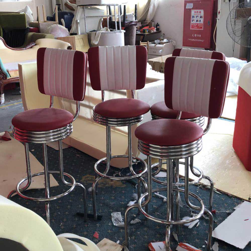 1950s american retro bar chair M-8811,Fifties glossy stainless steel rubby and white dinette retro diner bar chairs,thin and smooth seater rubby PU leather dinette retro 50s bar chairs