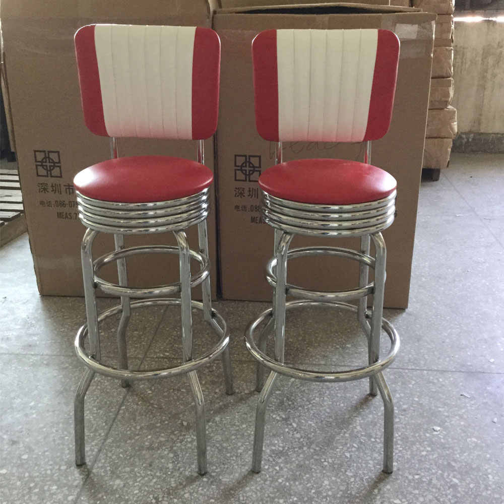 1950s american retro bar chair M-8837,Steel red and white round american style retro 50s bar stools, dining room stainless steel red stripe back round 1950s retro bar stools chairs