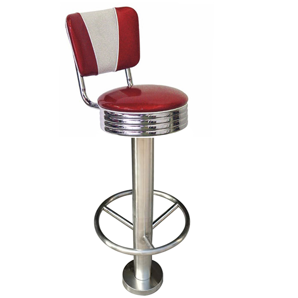 1950s american retro bar chair M-8819,Fixed to floor steel round american style 50s rubby retro club stools, stainless steel round V back fixed to floor retro 50's bar stools furniture