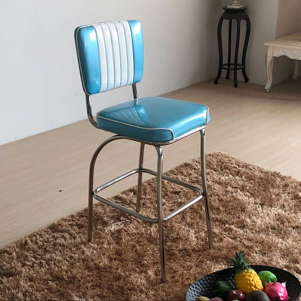 1950s american retro bar chair M-8822,Gross turquoise stripe backrest steel midcentury retro bar stools, turquoise with white stripe american 50s club bar stools furniture for sale