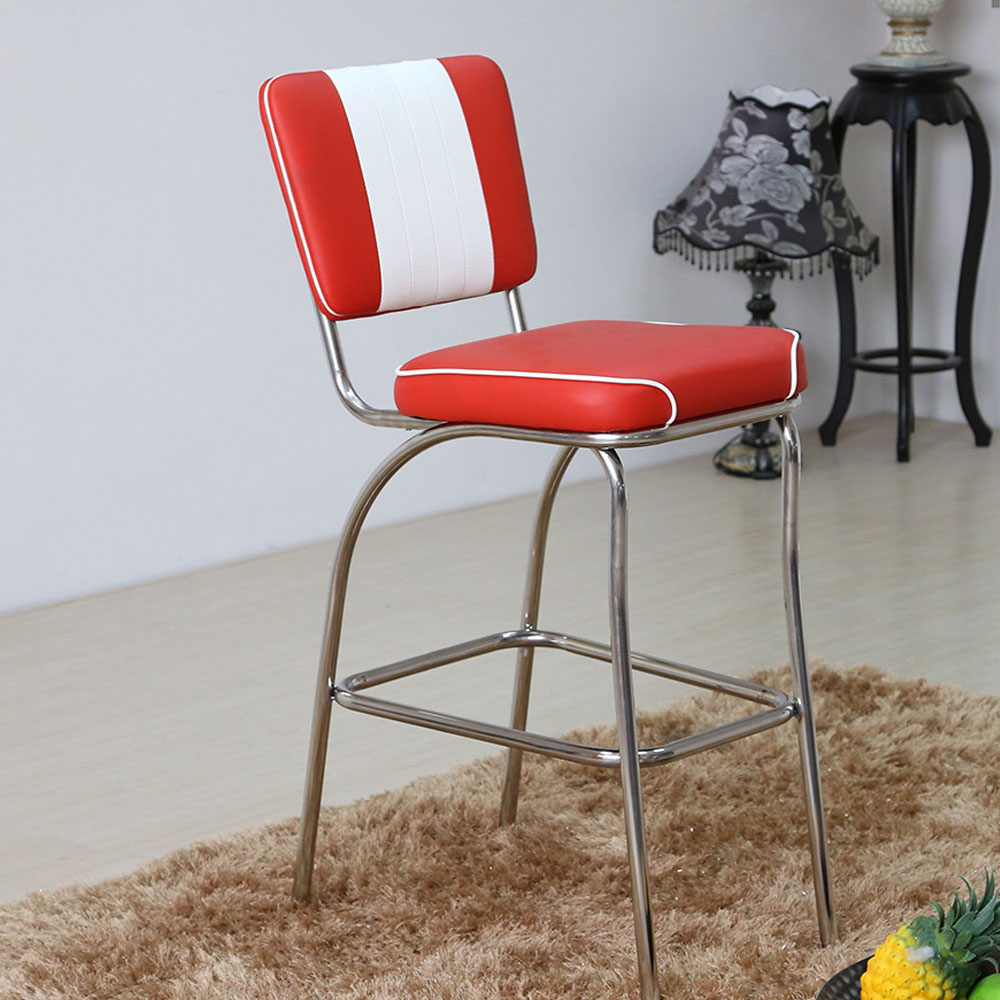 1950s american retro bar chair M-8823,Red and white leather stripe back with piping american 50s bar chairs, red colour stainless steel frame midcentury american bar chairs furniture