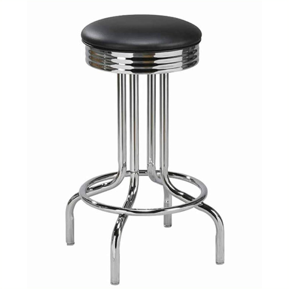 1950s american retro bar chair M-8830,Stainless steel frame black colour round retro bar stools, dining room black seat with round steel footer retro club stools chairs for sale