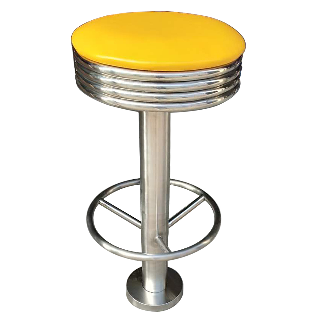 1950s american retro bar chair M-8833,Gross yellow round retro bar stools with footer fixed to floors, gross leather round steel with footer fixed to floor round 50s retro bar stools