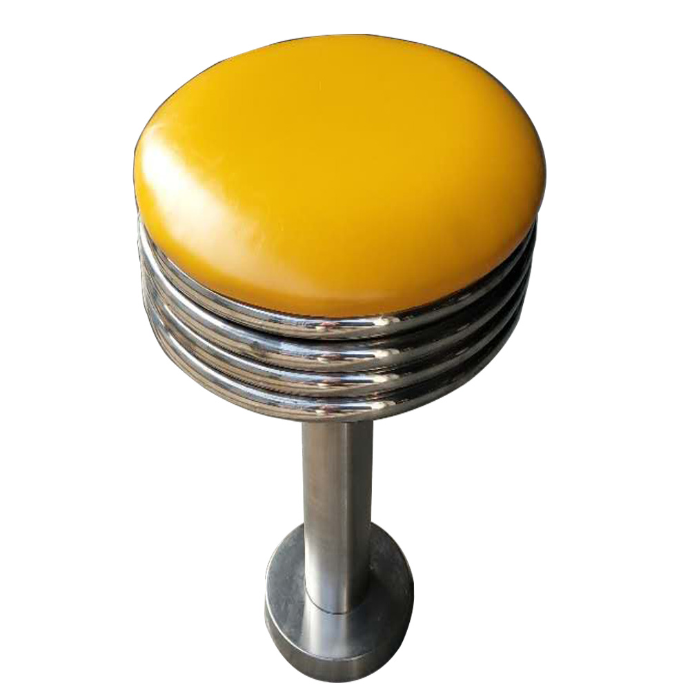 1950s american retro bar chair M-8834,Yellow stainless steel short 1950s style cafeteria round retro bar stools, 25.5inch height steel frame fixed to floor round retro 50s bar stools