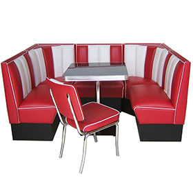 1950s retro diner booth table set M-8124-Customize rubby leather 4 set corner 50s retro diner booth seating sofas and black dinette table set furniture