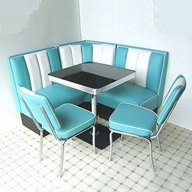 1950s retro diner booth table set M-8125-Wholesale turquoise 4 set L shape midcentury american diner booth seating and black kitchen table furniture set