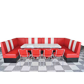 Beautiful cafeteria red stripe PU leather U shape combination 50s retro diner booth couch and diner table furniture set