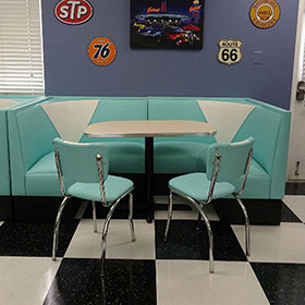 High quality turquoise U shape V back 1960s american diner booth seating furniture set with diner table, chrome diner chair set