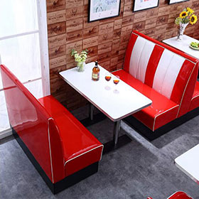 1950s retro diner booth table set M-8130-Red and white stripe midcentury retro american restaurant Bel Air booth couch set furniture with retro diner table