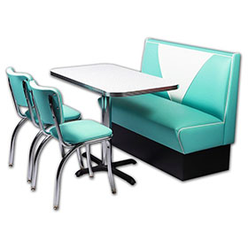 1950s retro diner booth table set M-8143-Whoelsale blue PU leather V back with piping 1950's retro diner booth seating with diner table, chrome diner chair set