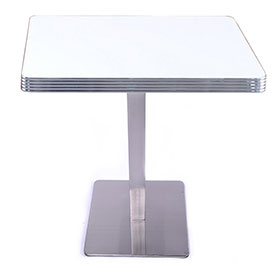 1950s american retro diner table M-8202-Classic snow white color Formica laminate veneer square 2 seater table top with glossy stainless steel table legs american diner table