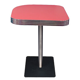 1950s american retro diner table M-8208-Customize arc-shape light red color formica veneer with glossy edge and black color iron square table legs 1950s retro coffee room table