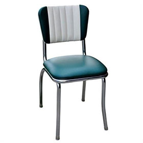 1950s american retro diner chair M-8315-High quality thin and smooth seat steel retro dinette chairs, stripe white back and drake blue PU leather steel 50's retro dintte chairs
