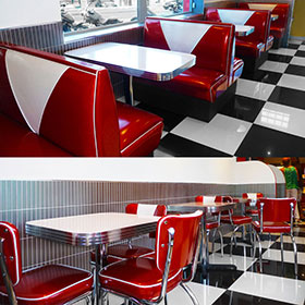 1950s style rubby color american retro diner booth sofas and table set, retro diner chairs and table set furniture gallery-Australia warhington american diner