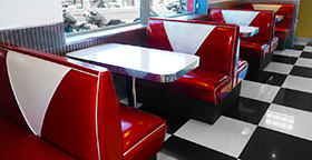 Back to back double side 4 seat V backrest midcentury 1950s style retro diner booth seating with table set, doubleside red retro 50s diner table and booth seating set M-8150-1950s retro diner booth table set M-8150