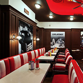 American 1950s style retro diner booth seating and table set, retro diner bar counter and bar chairs set gallery-1950s american retro diner table M-821