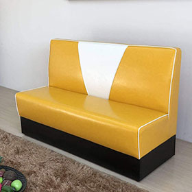 Gloss yellow colour V back 3 seat 1950s coffee room  booth couches, with black footer long V backrest retro 1950s coffee booth couches-1950s american retro diner booth M-8543
