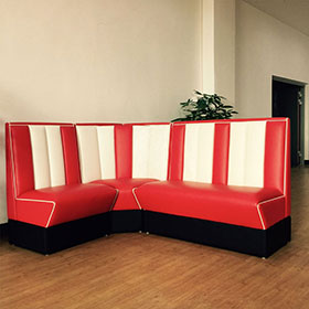 Customize L shape stripe back american style retro dinette booth sofas, red and white color L shape retro american corner booth sofas