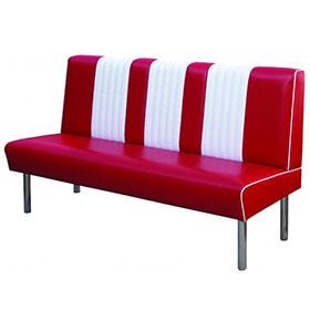 Metal frame red and white 3 seat 1960s retro dining booth couches, stripe back 59in red leather retro 1960s dining room booth couches
