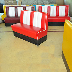 Customize colorful red/blue/yellow PU leather with stripe back 1950s retro american diner booth sofas gallery-red/blue/yellow diner booth sofas