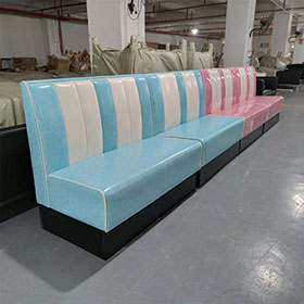 Hot sale american diner light blue/pink leather color with black fireproof footer retro diner booth seating gallery-blue/pink retro booth seating