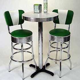 High quality V back green and white PU leather chrome american diner bar chairs and table set, chrome retro diner bar chairs and table set