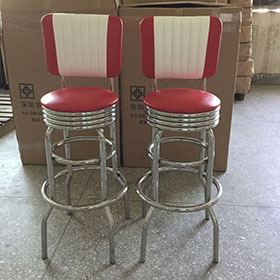 1950s american retro bar chair M-8837-Steel red and white round american style retro 50s bar stools, dining room stainless steel red stripe back round 1950s retro bar stools chairs