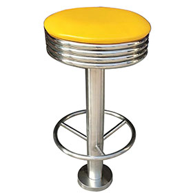 Gross yellow round retro bar stools with footer fixed to floors, gross leather round steel with footer fixed to floor round 50s retro bar stools